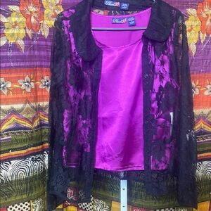 Chic 2 piece pink satin sleeveless and black lace button down shirt